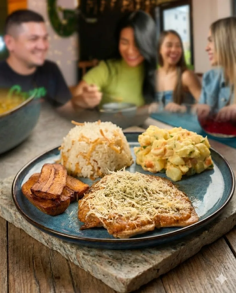 Plato con arroz, ensalada de papa, tajadas y milanesa gratinada en Green Life
